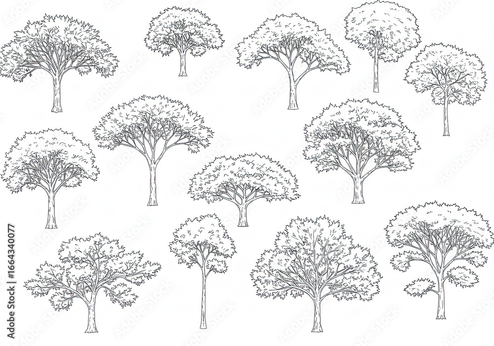 Fototapeta premium Discover a collection of beautifully rendered, diverse tree sketches perfect for adding natural charm to your designs, offering versatile artistic elements for any project.