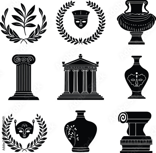 Grid of Nine Black Silhouette Icons Depicting Ancient Greek and Roman Art and Architecture Including Laurel Wreaths, Headdresses, Vases, Amphorae, Ionic Columns, and Temples