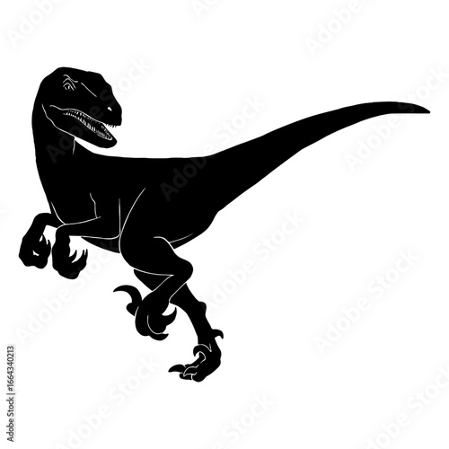Black silhouette drawing with white lines of the carnivorous dinosaur Velociraptor and the dinosaur Giganotosaurus on a white background