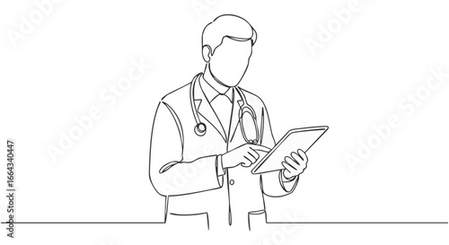 A doctor in a lab coat, diligently reviewing medical information on a tablet.