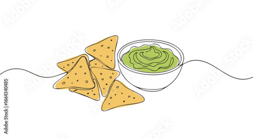 A Line Art Illustration of Nachos and Guacamole. 