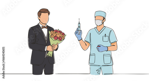 A man with bouquet is being vaccinated.