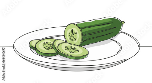 A sliced cucumber is arranged neatly on a plate, ready for serving.
