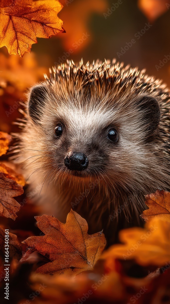 Fototapeta premium Hedgehog surrounded by vibrant autumn leaves in a natural woodland setting during early morning