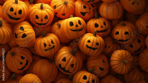 Festive Pumpkin Patch: A vibrant array of carved pumpkins, each adorned with a unique, grinning face, creating a festive and playful atmosphere perfect for Halloween celebration.