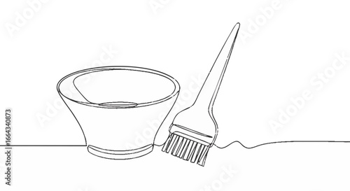 A single-line art of a bowl and a brush, both crucial tools for hair coloring.