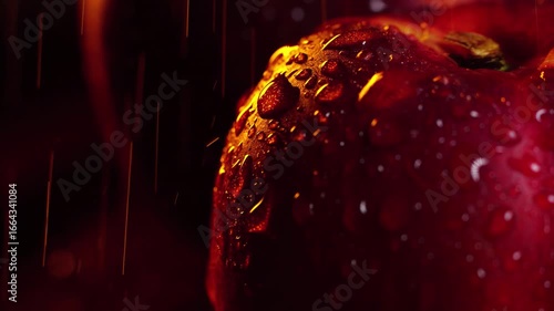 Extreme close up  drops of water falling on and flowing down  from a red nectarine on a dark background slow motion 200 fps