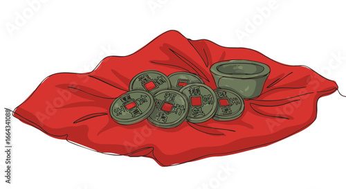 A captivating depiction of ancient coins and a small container, set against a vibrant red backdrop. 