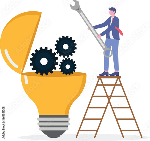Flat illustration of businessman standing on ladder turning gear wheels connected to glowing lightbulb