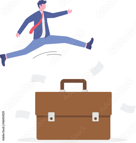 Flat illustration of businessman using giant pencil like pole vault to jump over paperwork symbolizing overload strategy and creative problem solving
