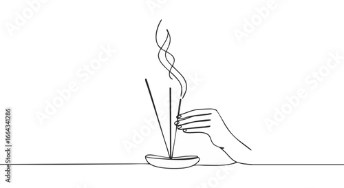 The simple line art of a hand placing incense sticks in a holder.