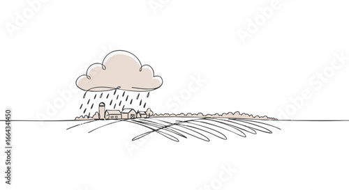 An idyllic farmhouse scene with rain falling and fields in the foreground.