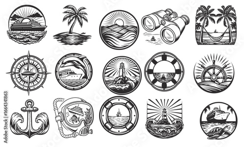 Vintage monochrome nautical emblem set with cruise ships, dolphins, lighthouses, and anchors for classic marine, seafaring, and coastal travel graphic design applications