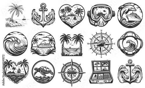 Monochrome nautical emblems with palm trees, anchors, cruise ships, turtles, diving masks, compasses, hammocks, suitcases, and dolphins for travel and marine design projects