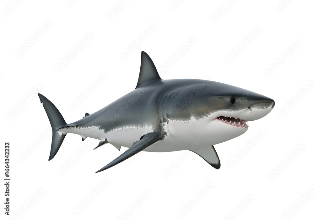 Obraz premium A large, formidable great white shark stands out against a stark black backdrop.