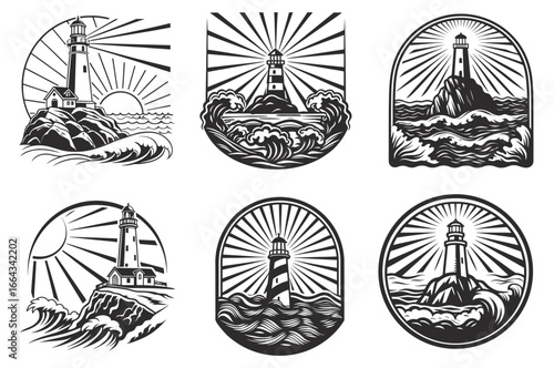 Monochrome lighthouse set with light beams in turbulent sea inside oval frame, designed for marine navigation, safety, and nautical emblem projects