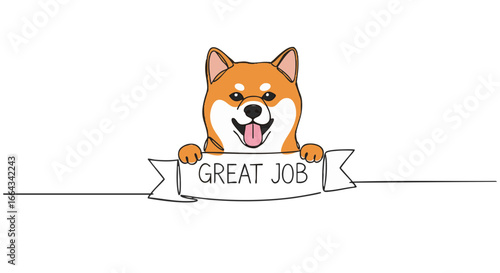 A Shiba Inu dog is holding a banner that says Great Job. 