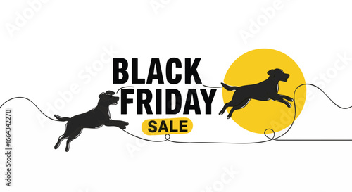 Black Friday Sale with playful dog silhouette and yellow sun icon