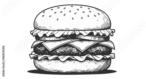 A detailed, appetizing illustration of a hamburger. 