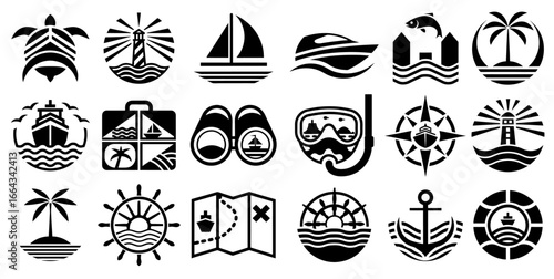 Black and white nautical icons with sailboats, anchors, lighthouses, palm trees, and compasses for marine, travel, navigation, and coastal themed graphic design projects
