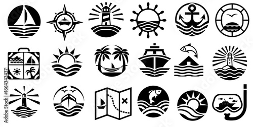 Black and white nautical icons with sailboats, anchors, lighthouses, palm trees, and compasses for marine, travel, navigation, and coastal themed graphic design projects