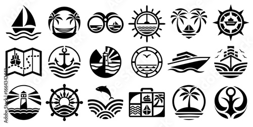 Black and white nautical icons with sailboats, anchors, lighthouses, palm trees, and compasses for marine, travel, navigation, and coastal themed graphic design projects
