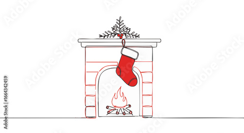 A festive fireplace with a hanging stocking and a warm fire.