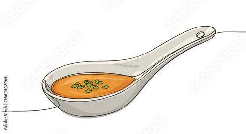 A close-up illustration of delicious orange sauce in a white spoon, garnished with green herbs.