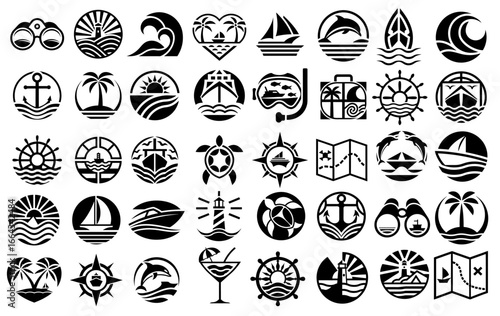Black and white marine icons with navigation tools, palm trees, ships, and marine animals for vacation, travel, ocean exploration, and nautical themed graphic design resources