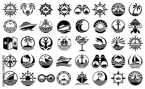 Black and white nautical icons with ships, diving gear, anchors, and palm trees for marine travel, exploration, navigation, and leisure themed graphic design applications