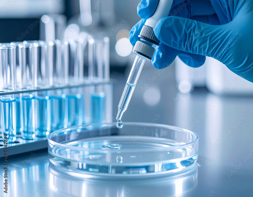 Fototapeta premium Close-up Laboratory Pipette Adding Sample to Petri Dish for Analysis