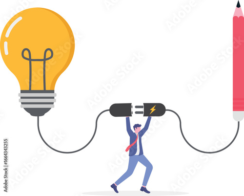 Flat illustration of businessman connect question mark to lightbulb solving problem with creativity
