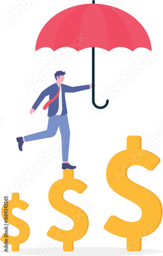 Flat illustration of businessman balancing on unstable stack of coins and holding umbrella financial stability risk money management and uncertainty protection
