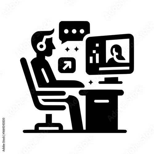 person communicating via video chat on a computer black vector icon with transparent background 