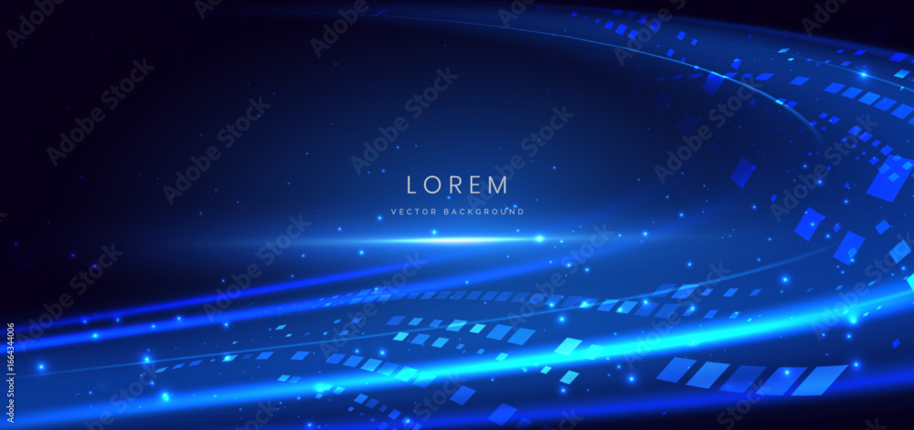 Obraz premium Scence futuristic glowing square pattern blue neon light ray with speed motion moving on dark blue background.