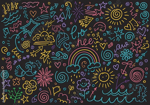 Vibrant chalk doodles featuring happy suns, rainbows, stars, hearts, and flowers create a playful, energetic backdrop for creative projects and cheerful designs.