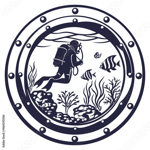 Monochrome vector scuba diver exploring coral reef full of marine life viewed through ship porthole, nautical emblem with underwater exploration focus.