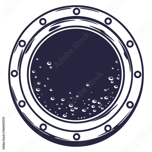 Monochrome vector porthole with surrounding bubbles, suitable for underwater scenes, marine themes, nautical designs and ocean related branding projects