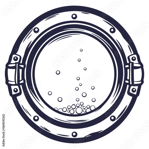 Monochrome vector porthole showing ocean view with bubbles from sunken ship, suitable for vintage nautical designs, underwater scenes and marine themed branding
