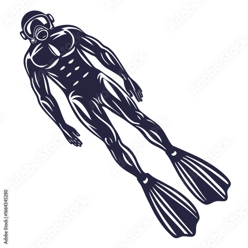 Monochrome illustration of diver wearing diving suit, mask, and fins swimming underwater designed for marine themes and nautical emblem use in vector format.