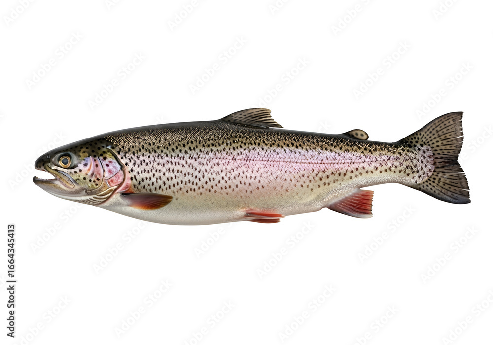 Obraz premium A side view of a speckled, vibrant trout against a dark background.