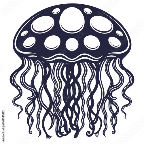 Monochrome vector jellyfish with extended tentacles, suitable for marine life themes, underwater scene designs and nautical style branding