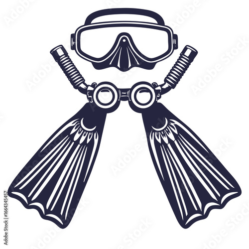 Monochrome vector of diving mask with snorkel and crossed flippers, suitable for underwater exploration, marine themes and nautical emblem designs