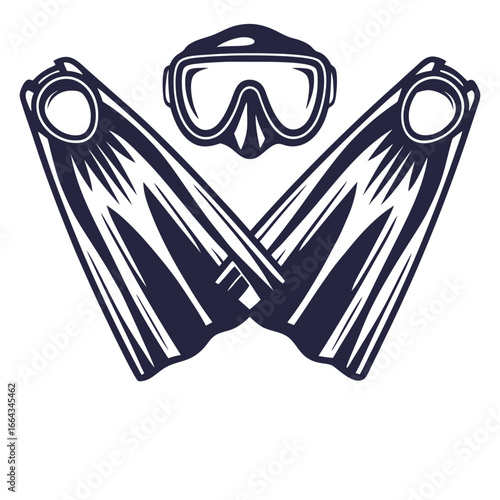 Monochrome vector of diving mask with snorkel and crossed flippers, suitable for underwater exploration, marine themes and nautical emblem designs