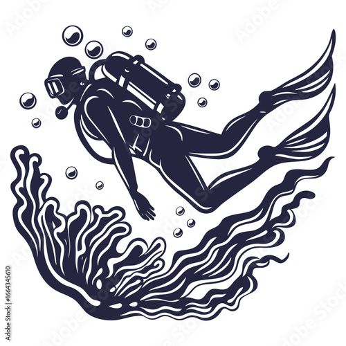 Monochrome scuba diver navigating ocean depths with currents and air bubbles in vintage emblem style for underwater exploration and marine activity designs