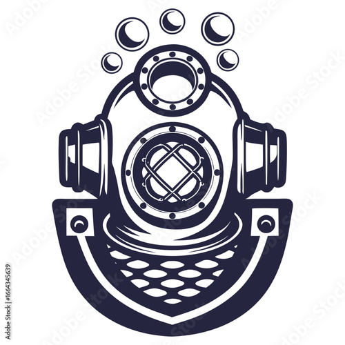 Vintage monochrome diving helmet with air bubbles in stylized nautical emblem for underwater exploration, diving themes, and maritime related branding