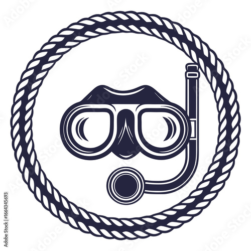 Monochrome diving mask and snorkel inside circular nautical rope frame in vintage emblem for diving activities, underwater exploration, and marine branding