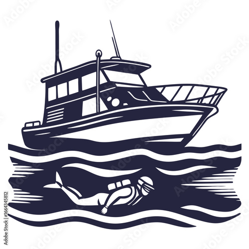 Monochrome scuba diver exploring underwater area beneath yacht in marine emblem style for ocean exploration, diving themes, and maritime branding projects
