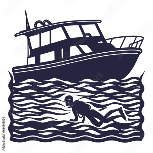 Monochrome scuba diver exploring underwater area beneath yacht in marine emblem style for ocean exploration, diving themes, and maritime branding projects