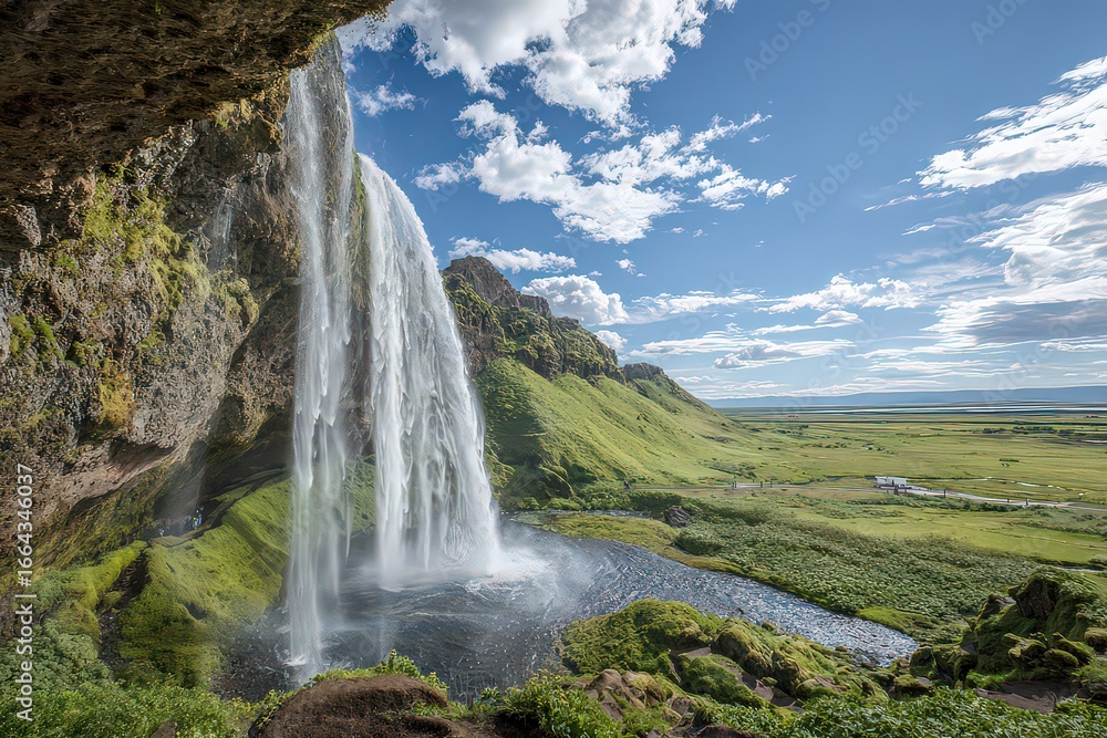 Obraz premium Majestic Waterfall Cascading Over Rocky Terrain In Lush Landscape